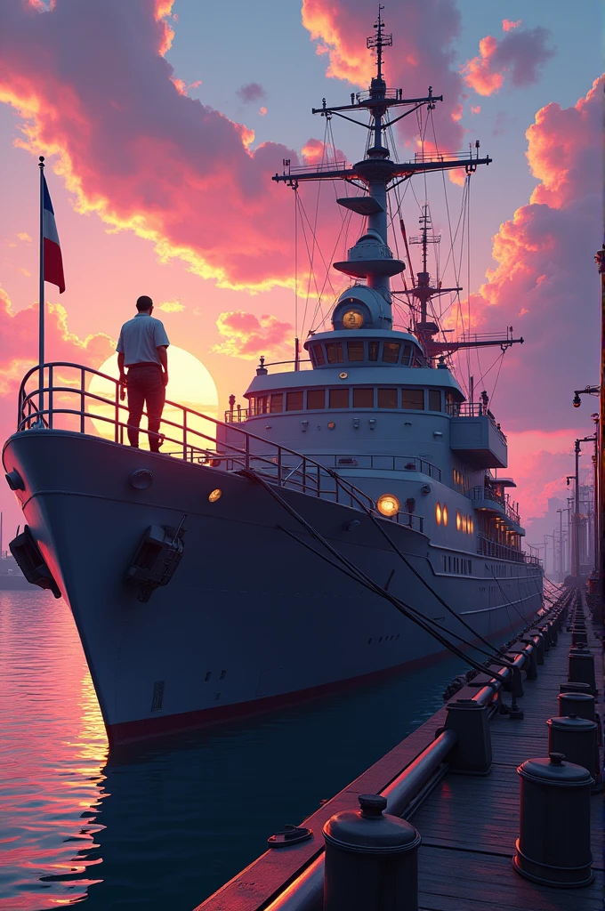 A ship captain with his ship in dockyard,amazing evening sky.cyberplunk,3d pixel quality