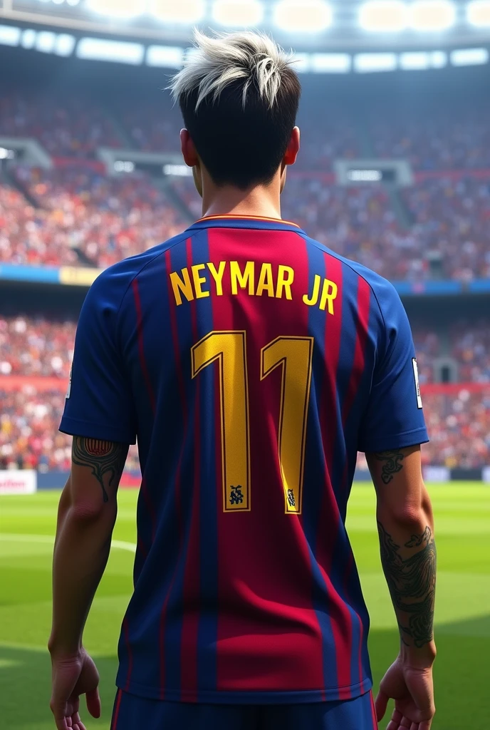 Barcelona jersey in backside where written Neymar JR 11 with body in stadium alot of people standing in audience place (in  hairstyles a  with white colour) in side side tattoo 