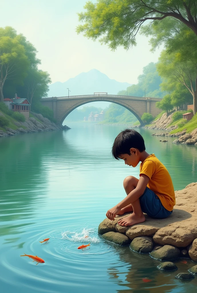 A 6- sitting at the right side of the image drinking water directly from the clean yamuna river bank painting composition with small visible fishes in the water and other small details such as yamuna bridge in the background, a little futuristic, houses and buildings around the river