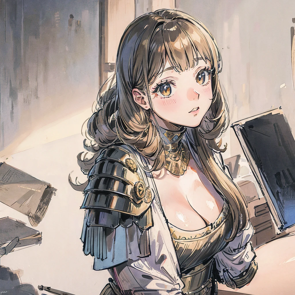 a female character, Whole body, medieval, imperial armor, straight curly hair, pencil drawing, but I don't want it to be shaded, only the pencil lines as a guide