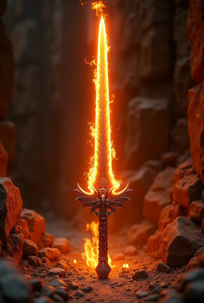 A fire sword with a phoenix on the guard and wooden head details