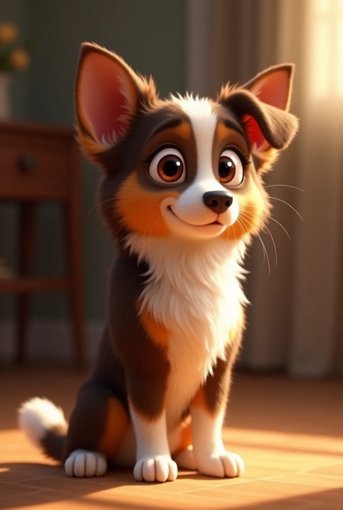 A Pixar-style animation of a border collie-like dog, completely brown fur completely brown. The dog is standing, with an alert and curious expression, looking straight ahead. The dense and soft coat, refletindo a luz suavemente. Their ears are pointed and slightly erect., while your eyes are big and lively, conveying intelligence and a friendly personality.
