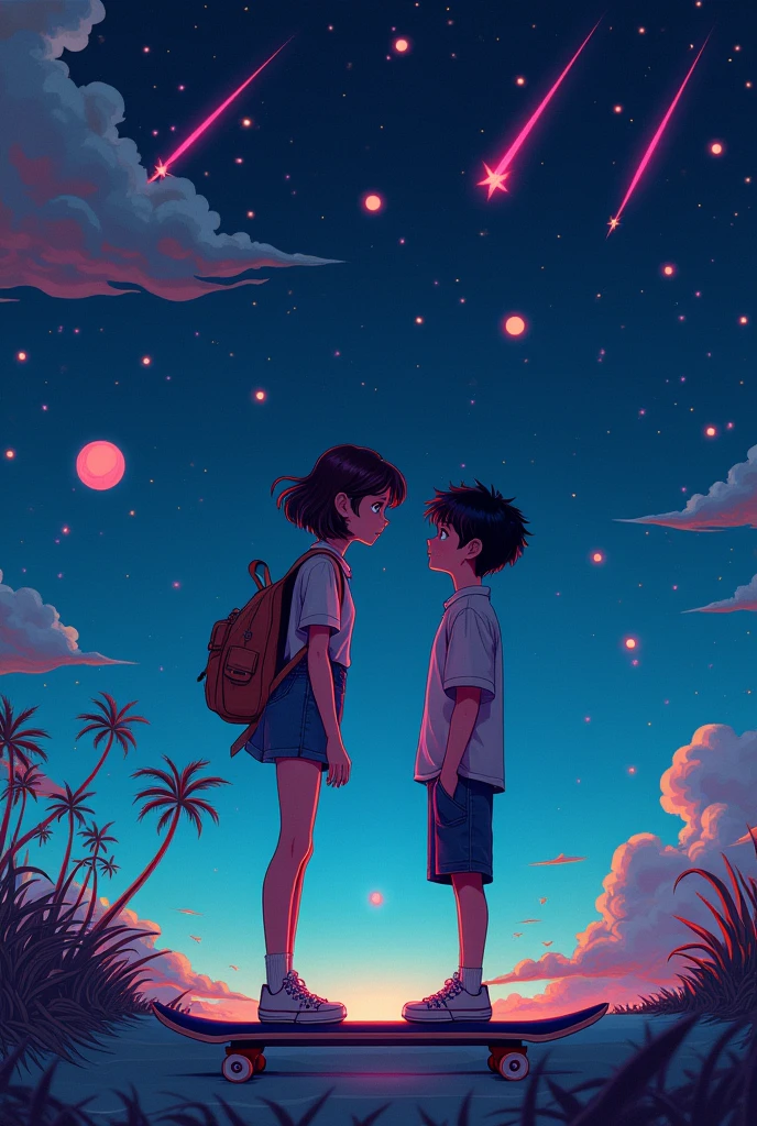 create an animated image, fantasy themed, y sk8, that it is night in the background, illustrations as if under the effects of drugs, with a girl with short wavy hair and a Wolf cut and a boy with a shag cut, that they are floating and staring at each other, with vintage clothes, and they are barely noticeable, with stars, and shooting stars, with sk8 graffiti and 2 skateboards