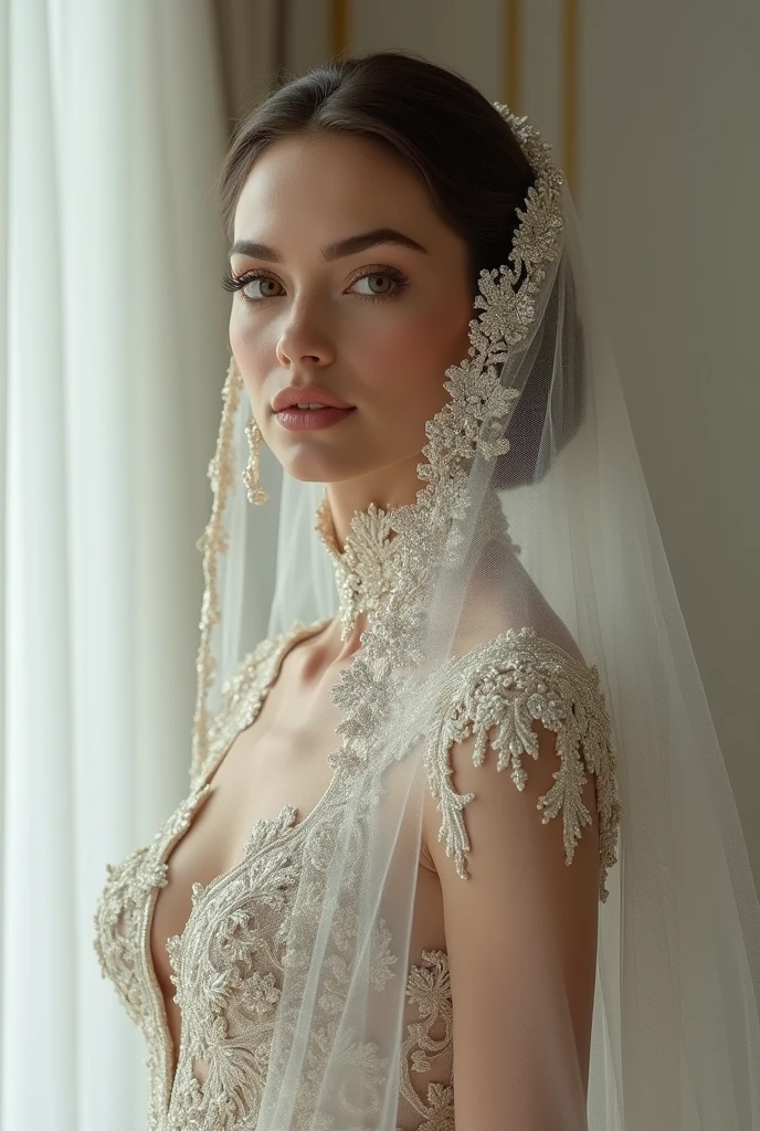 European woman model with veil . Wearing a high-neck embroidered wedding dress. show full body. Extremely luxurious.