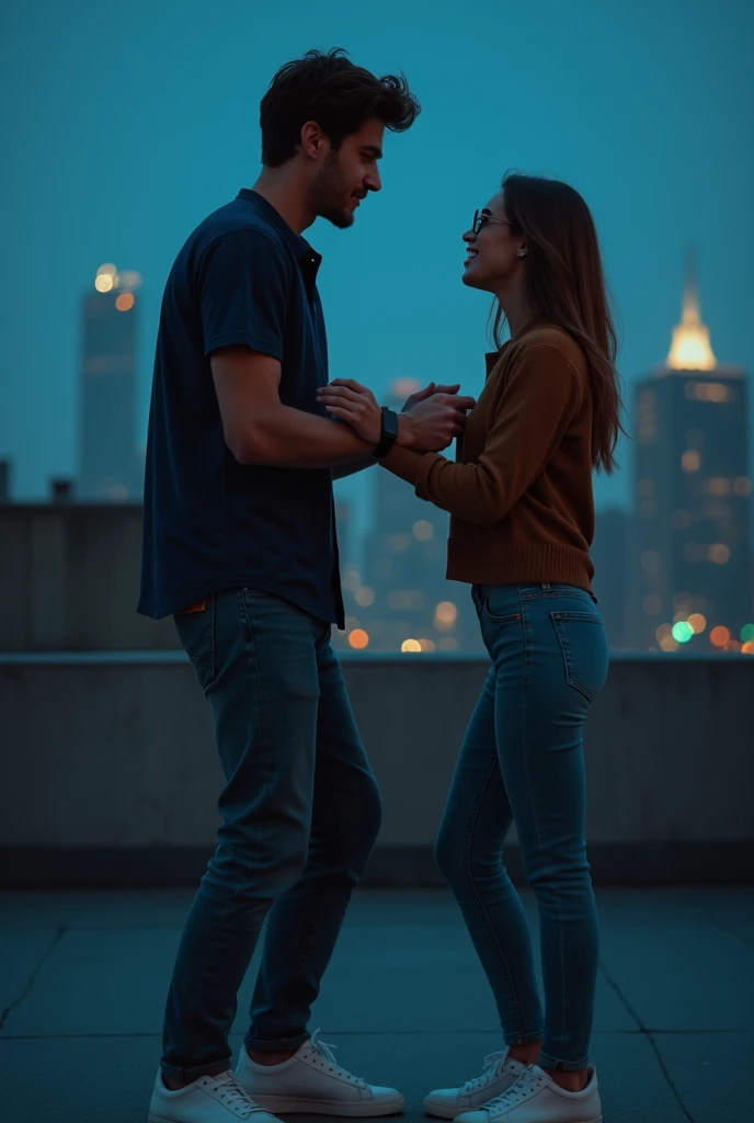 A young man wearing a dark blue shirt, jeans, white shoes and a smartwatch tries to stop his girlfriend on a rooftop at night; the girl is wearing a brown top and jeans and is also wearing glasses