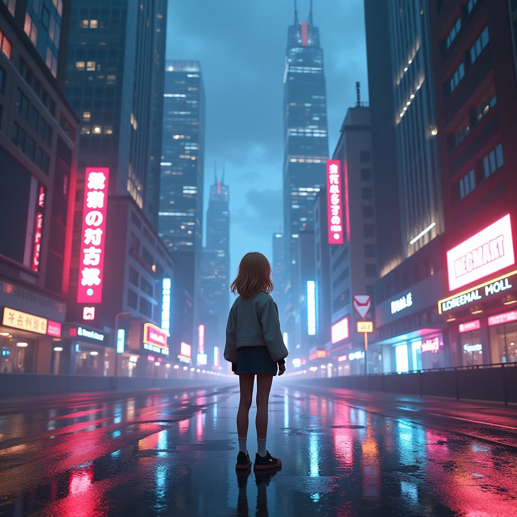 A contemplative blond girl in a futuristic cyberpunk city, neon lights reflecting off wet pavement, skyscrapers towering above, the girl lost in thought with a cityscape as a backdrop, a mix of solitude and urban buzz, 3D rendering, using Blender with a cyberpunk city model, realistic lighting and reflections
