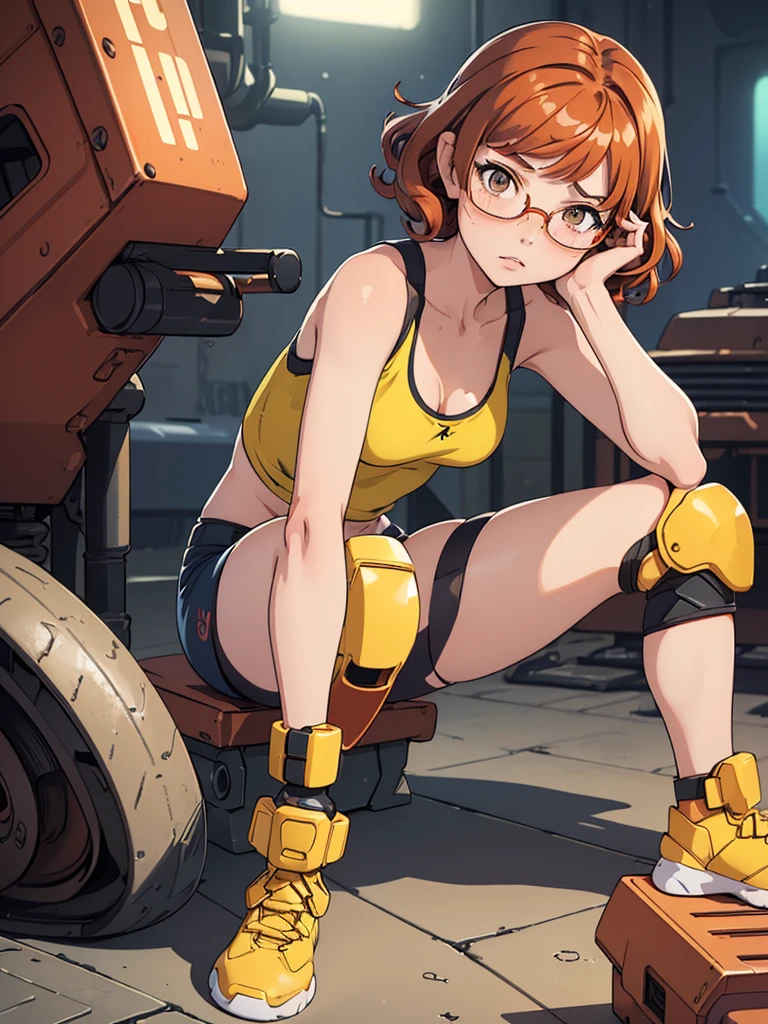 (masterpiece), (best quality), ((one girl)), sand colored skin, ((alone)),copper red hair,(brown eyes),short hair, (curly hair),anime style, freckles, (small breasts), (petite figure), ((blue top) ),((knee pads)),legs, (desert background)), ((yellow circle glasses)) , sexy look, cgi
