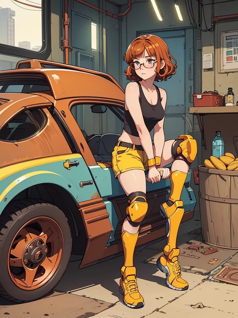 (masterpiece), (best quality), ((one girl)), ((alone)),copper red hair,(brown eyes),short hair, (curly hair),((side parted hair bangs)),anime style, freckles, (small breasts), (petite figure), (blue tank top), cyberpunk,((knee pads)),legs, (desert background)), ((yellow glasses))