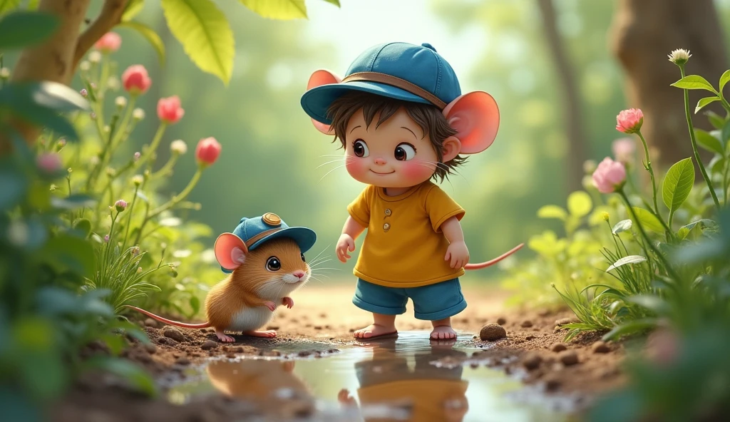 An investigation of the (( boy)) walking in a garden at the back of his house. Finding a little mouse with a blue hat (( Peruvian wool hat)), they walk together happily, in garden. (( boy boy)) does not wear a hat .