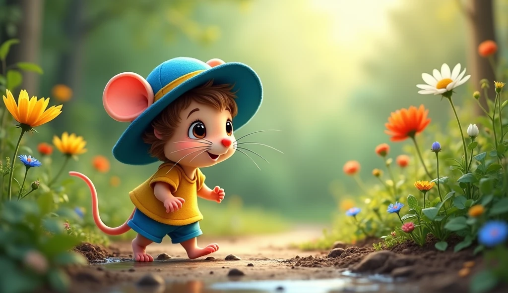 A drawing of a small little mouse (( wearing a blue exploration hat )) crossing mud puddles together in a yard ((big boy)) dark yellow shirt dress and blue shorts, em um jardim.