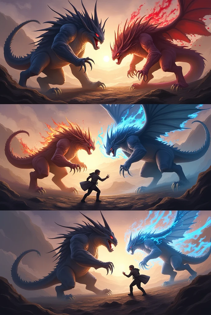 Beast 1 in a Powerful Stance:"A fierce, muscular beast with sharp claws and glowing eyes, standing proudly with a powerful stance in a dramatic landscape."Beast 2 in a Ready Position:"A sleek, agile beast with a streamlined body and intense expression, poised and ready for battle in a dynamic pose."Beasts Facing Each Other:"Two powerful beasts, one with a rugged, intimidating look and the other sleek and agile, facing each other with tension in the air."Beast 1 Charging Towards Beast 2:"A muscular beast charging forward with a fierce expression and dynamic movement, ready to engage in battle."Beast 2 Leaping Towards Beast 1:"An agile beast leaping through the air with claws extended, targeting its opponent in a dramatic battle scene."Beast 1 Attacking with Special Ability:"A beast unleashing a powerful energy blast from its claws, creating a dramatic effect as it attacks its opponent."Beast 2 Countering or Dodging:"A sleek beast skillfully dodging an attack with swift movements, showing agility and precision."Beasts Clashing:"Two beasts in a high-intensity clash, with dynamic motion and effects showing the impact of their powers colliding."Beast 1 Using a Powerful Move:"A beast performing a dramatic and powerful move, with energy effects and an intense expression, highlighting its strength."Beast 2 Using Its Special Power:"A beast using its special ability, surrounded by vibrant energy effects and an intense, focused expression."Critical Moment of the Fight:"A pivotal moment in the battle, with one beast showing signs of advantage and the other struggling, emphasizing the fight’s intensity."Final Blow by the Winning Beast:"The victorious beast delivering the final, decisive blow to its opponent, with dramatic effects and an epic conclusion."Defeated Beast:"A defeated beast showing exhaustion and defeat, lying on the ground or struggling, with a dramatic backdrop."Victory Scene:"The victorious beast standing triumphantly, with a powerful pose and celebratory effects,
