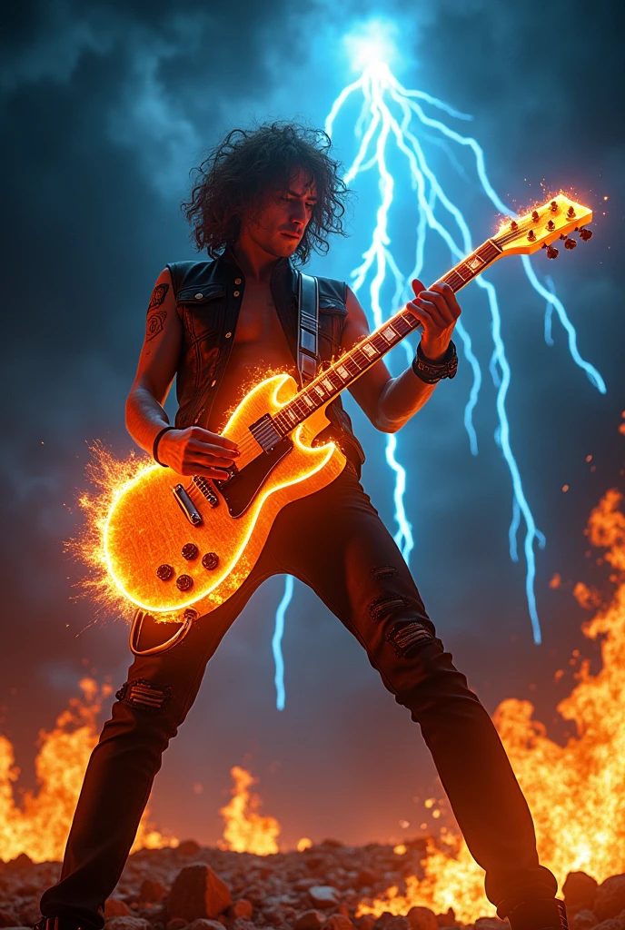 create the image of angus young playing a gibson sg guitar on fire as the world ends, the dark sky causing a climate of catastrophe while blue rays fall causing destruction