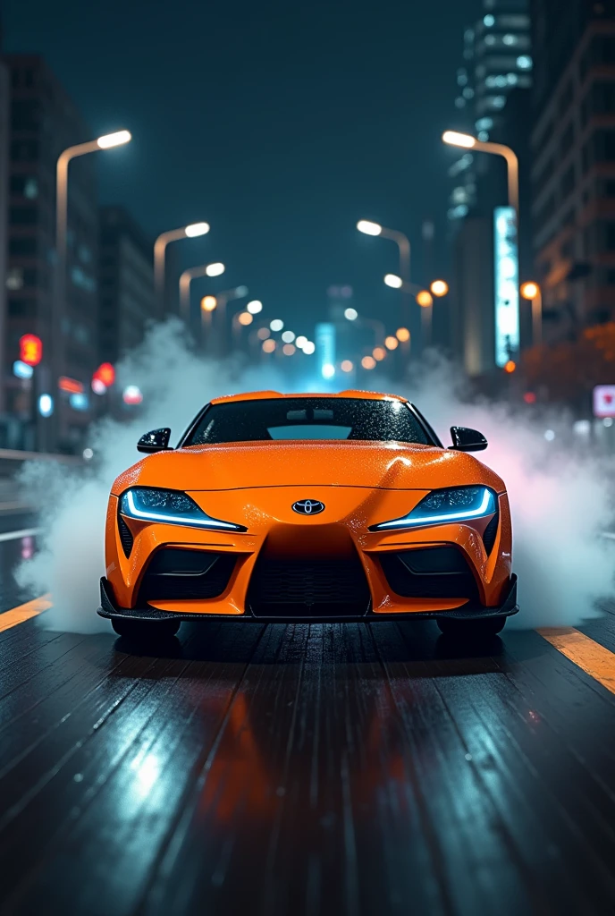 Supra  matt orange colours smoke drifting car  in city highway might night 
