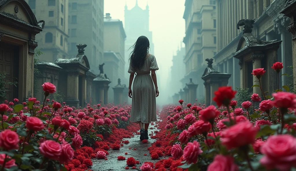 2024; (masterpiece, best quality) destroyed city roses on the floor(Paris); woman walking in a cemetery with millions of roses on the ground.