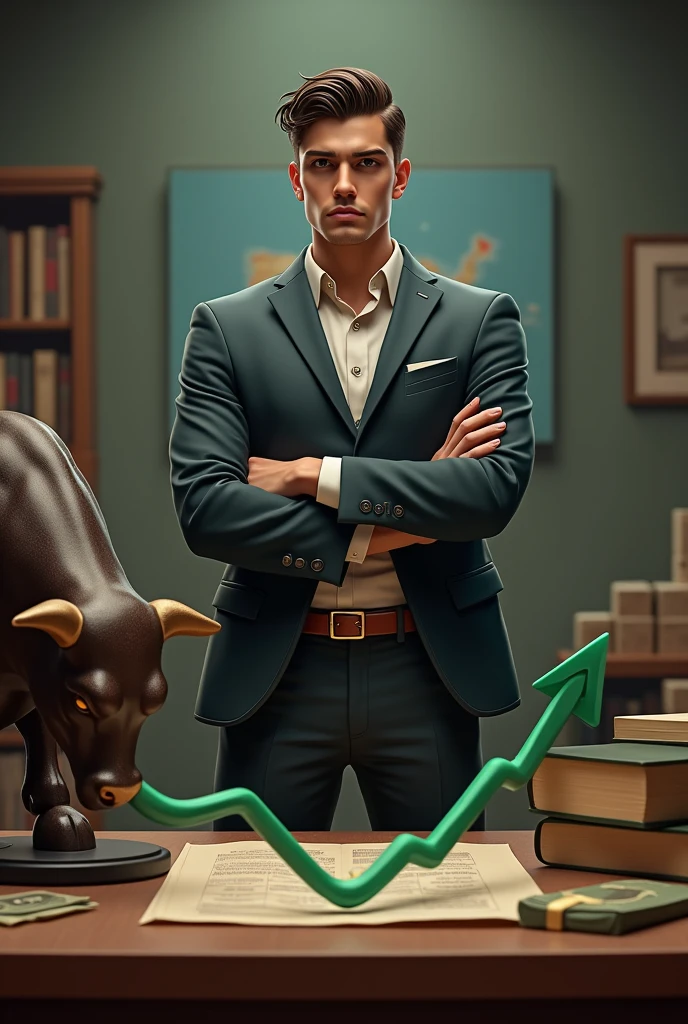 A rich young confident serious attitude man standing front of the table with cross legs the table with his big bull and in his behind there was zig zag stock market green arrow and dollar rupees in his table  with a big bull 