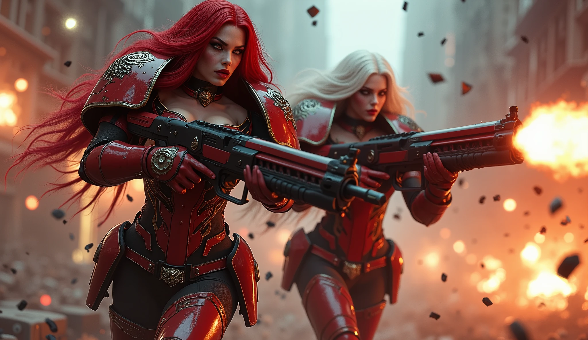 Full body pose sexy sisters of battle from the warhammer 40k, shooting at the enemy, red space marine armor with intricate details, white space marine armor with intricate details, symbols on the armor, sisters of battle, warhammer 40k, Massive exposed silicone breast, pale skin, seductive, temptation, eat your soul, clevage, long red flowing hair, long white flowing hair, long black flowing hair with purple highlights, heavy gothic makeup, at night, neon, beautiful detailed eyes, beautiful detailed lips, extremely detailed eyes and face, long eyelashes, highly detailed armor, intricate futuristic weaponry, dramatic lighting, cinematic composition, muted color palette, gritty and realistic, mecha, science fiction, hyper-detailed, photorealistic, award winning digital art, 8k, HDR, masters work, in the middle of a battle field, full body combat action pose, explosions and fire around, full war, stunning, Stilleto heels, high heels, full body pose, cinematic, movie trailer, final stand!, nemesis, ready to strike, dust and debree, combat screams, attacking, shooting at the enemy, running forward, last line of defense, charging, fanatic, religious, templar knights, sisters of battle, warhammer 40k, shooting at the enemy, bimbo gigantic exposed breast, jetpacks, space marine