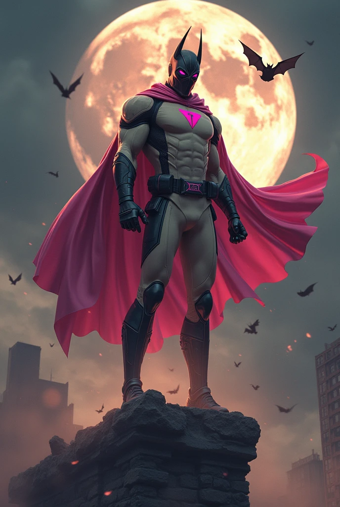 Malaysia man in high-tech suit, vivid effects, malaysian superhero (KELUANG MAN) in a striking pink and brown beige costume cyberpunk design((, mask small mini bat ear beige,)) daredevil beige mask, jumpsuit dark pink stands confidently in a dramatic.jumping from high place.hero costume.one hand rise up. (Big triangle logo on the chest.high detail Punisher logo on the chest)). jumping from hight place. Fighting pose , stormy landscape. ((Head covered node guard like batman. Running pose , athletic body type, small mini ear bat mask))((The character wears domino mask a helmet with pointed mini torn ears and a flowing cape biege, ))open nose and mouth. Equipped with visible futuristic weapons on a belt,bullet proof jacket pink dark day.show fingers pose, dark night, big supermoon effect . Small logo on chest triangle shape small ((mitch gerads punisher ))logo center triangle cyber logo center on chest pink logo mini logo . rocky. Building top.smoke ground , bomb effect background, losse pants, losses costume.adding to --ar 3:4 --style raw --stylize 500 --v 6.1. chaos. Lot of small flying bat. One leg on the high stone. Man. Backpack . Real man age 40 year old. One hand holding belt. Jump from high place. Open cape. Beige boots.