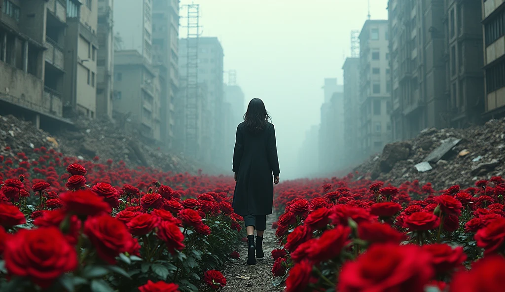 2024; (masterpiece, best quality) destroyed city roses on the floor(Tokyo); woman walking in a cemetery with millions of roses on the ground.