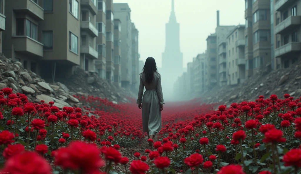 2024; (masterpiece, best quality) destroyed city roses on the floor(Tokyo); woman walking in a cemetery with millions of roses on the ground.