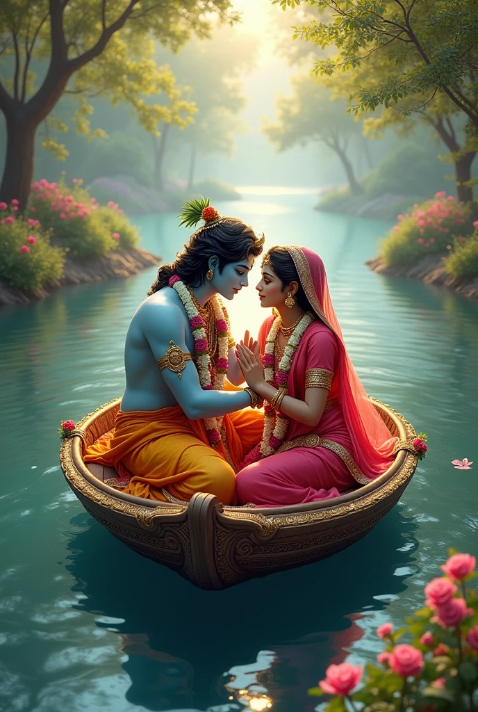 Shri krishna shri radha in a beautiful boat at jamuna river.