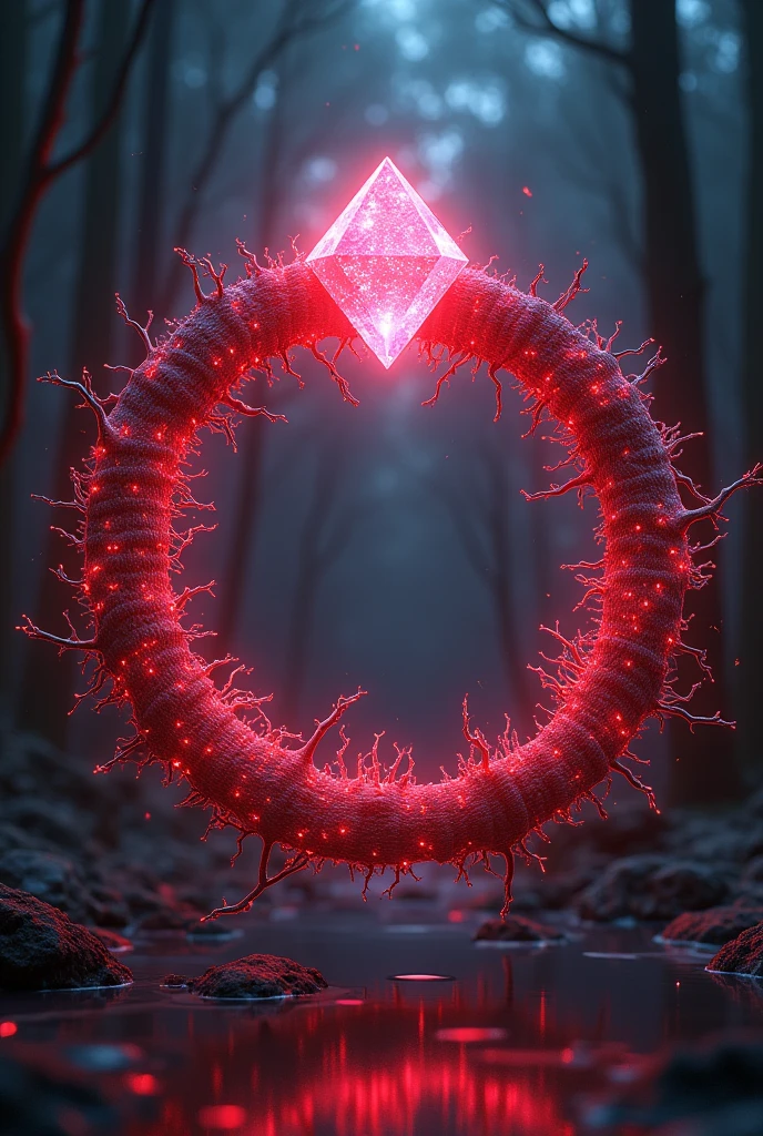 Create a complex neural network, with intertwined dendrites and axons, forming a ring with a large, luminous diamond on top. The ring pulses with neon red energy, connecting all neurons and creating a protective force field. cyberpunkstyle, with a futuristic and mystical atmosphere. Neon Lighting, creating contrasting shadows. Inspired by the works of Syd Mead.