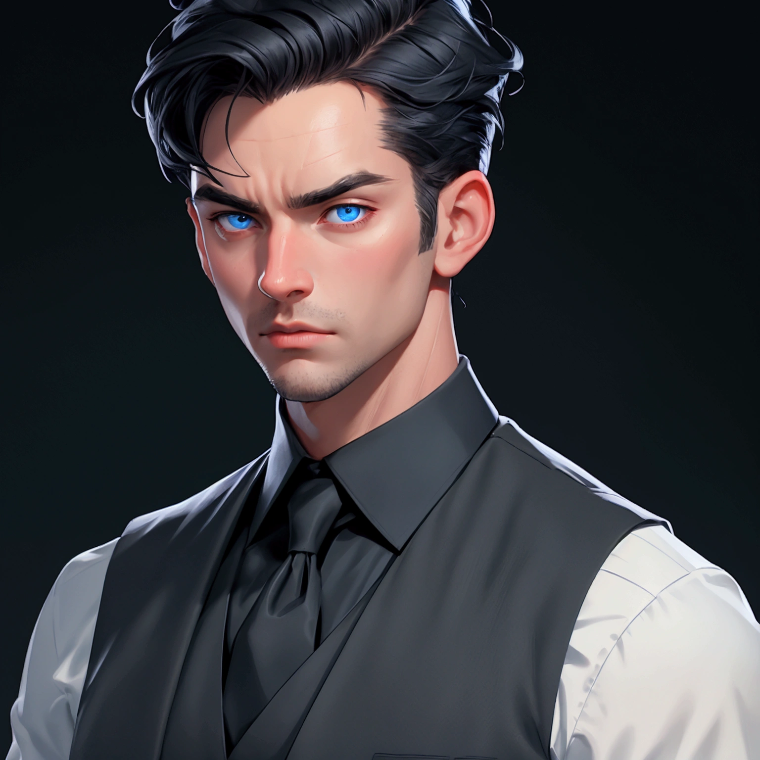 envision a 8k, highres, cinematic, close up portrait English man with a strong face, clean shaved, with short slick black hair, and blue eyes wearing a black vest and collard shirt against a dark gray background