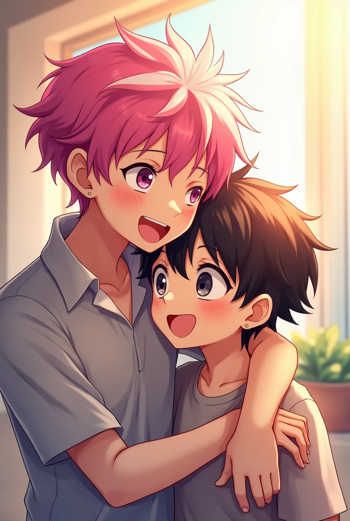 couple of men. 2 boys. Boy with pink hair with white highlights, average, pink eyes, purple lens glasses, smiling excitedly while hugging the other. Boy with short dark brown hair, brown and blue eyes, looking away with flushed face and embarrassed expression with eyebrow and ear piercing. Cute 2D anime style