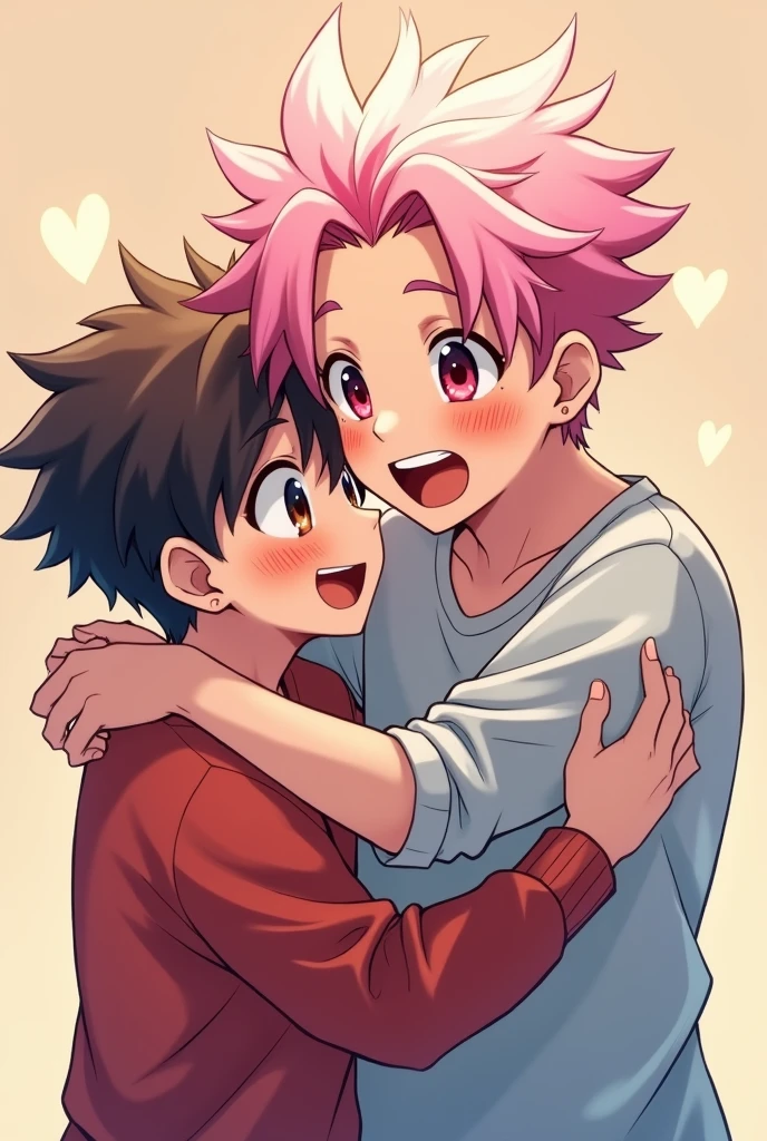 couple of men. 2 boys. Boy with pink hair with white highlights, average, pink eyes, purple lens glasses, smiling excitedly while hugging the other. Boy with short dark brown hair, brown and blue eyes, looking away with flushed face and embarrassed expression with eyebrow and ear piercing. Cute 2D anime style
