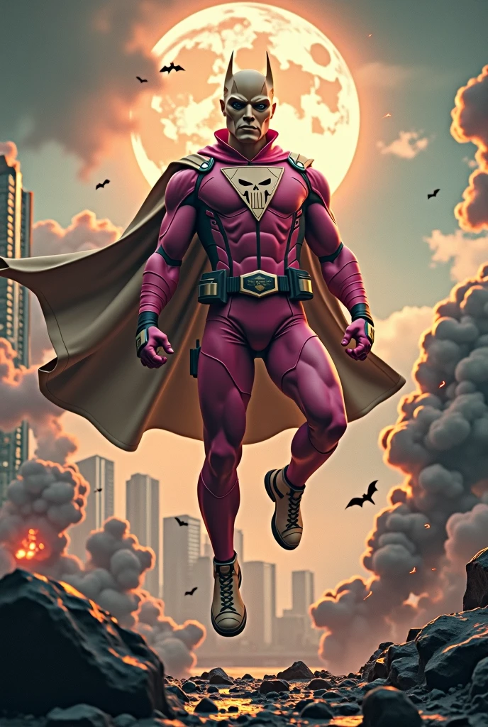 Malaysia man in high-tech suit, vivid effects, malaysian superhero (KELUANG MAN) in a striking pink and brown beige costume cyberpunk design((, mask small mini bat ear beige,)) daredevil beige mask, jumpsuit dark pink stands confidently in a dramatic.jumping from high place.hero costume.one hand rise up. (Big triangle logo on the chest.high detail Punisher logo on the chest)). jumping from hight place. Fighting pose , stormy landscape. ((Head covered node guard like batman. Running pose , athletic body type, small mini ear bat mask))The character wears domino mask a helmet with pointed mini torn ears and a flowing cape biege, open nose and mouth. Equipped with visible futuristic weapons on a belt,bullet proof jacket pink dark day.show fingers pose, dark night, big supermoon effect . Small logo on chest triangle shape small ((mitch gerads punisher ))logo center triangle cyber logo center on chest pink logo mini logo . rocky. Building top.smoke ground , bomb effect background, losse pants, losses costume.adding to --ar 3:4 --style raw --stylize 500 --v 6.1. chaos. Lot of small flying bat. One leg on the high stone. Man. Backpack . Real man age 40 year old. One hand holding belt. Jump from high place. Open cape.