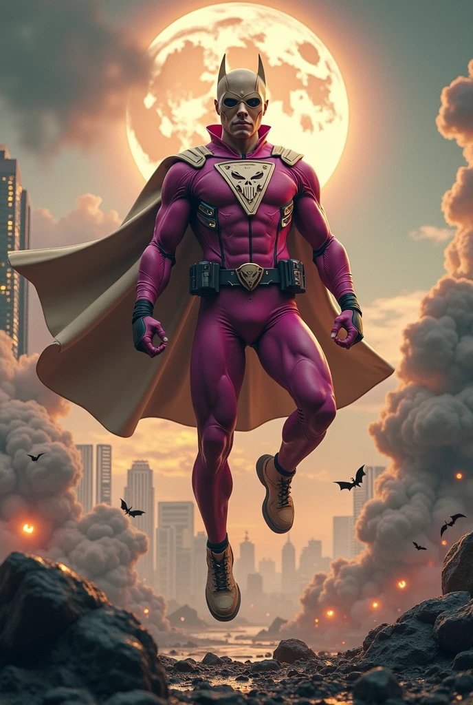 Malaysia man in high-tech suit, vivid effects, malaysian superhero (KELUANG MAN) in a striking pink and brown beige costume cyberpunk design((, mask small mini bat ear beige,)) daredevil beige mask, jumpsuit dark pink stands confidently in a dramatic.jumping from high place.hero costume.one hand rise up. (Big triangle logo on the chest.high detail Punisher logo on the chest)). jumping from hight place. Fighting pose , stormy landscape. ((Head covered node guard like batman. Running pose , athletic body type, small mini ear bat mask))The character wears domino mask a helmet with pointed mini torn ears and a flowing cape biege, open nose and mouth. Equipped with visible futuristic weapons on a belt,bullet proof jacket pink dark day.show fingers pose, dark night, big supermoon effect . Small logo on chest triangle shape small ((mitch gerads punisher ))logo center triangle cyber logo center on chest pink logo mini logo . rocky. Building top.smoke ground , bomb effect background, losse pants, losses costume.adding to --ar 3:4 --style raw --stylize 500 --v 6.1. chaos. Lot of small flying bat. One leg on the high stone. Man. Backpack . Real man age 40 year old. One hand holding belt. Jump from high place. Open cape.