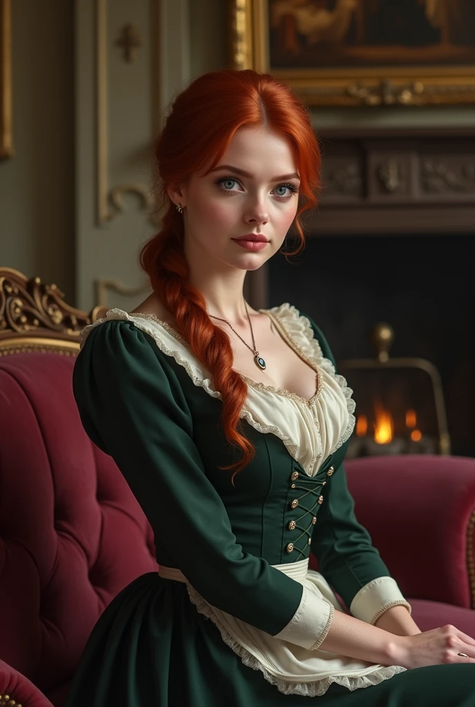 Draw me a woman with red hair 1850 who is a housekeeper very pretty looks thin but fit and wears tights with a very nice servant dress she should have violet eyes and be a real feast for the eyes full body picture and realistic she should sit in the fireplace room on a sofa she wears a ponytail in full shot 