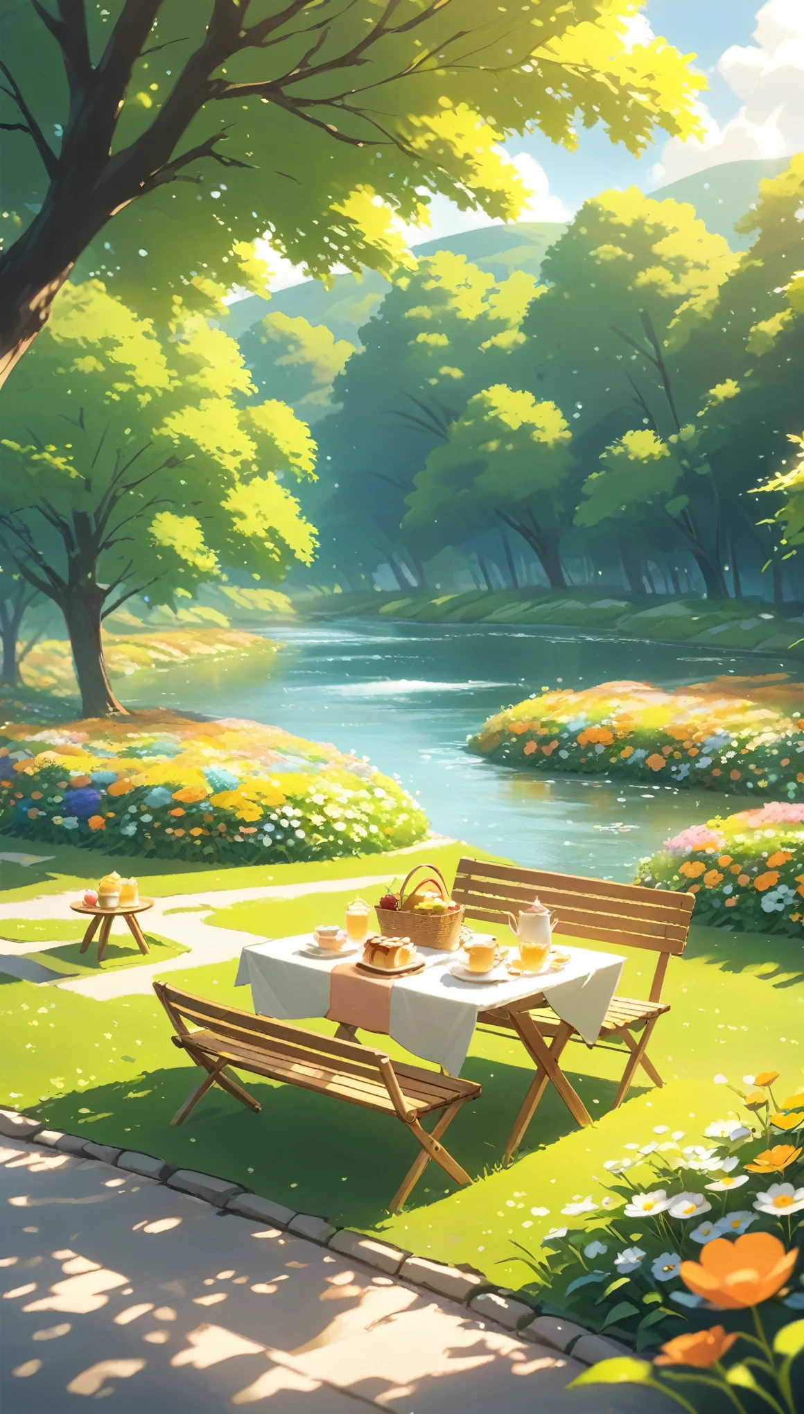 landscape Afternoon Tea, Flower garden Cozy,Orange Pink ,picnic ,river , There are no human characters,No people