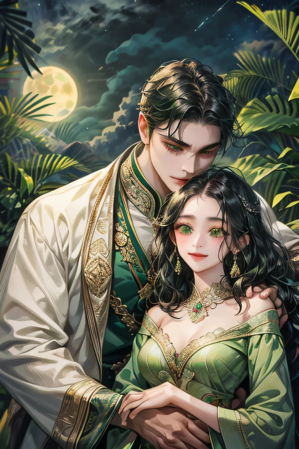 couple, javanese style, smile and charming, quiet but gentle, green attire suit, light green eyes, black hair, night sky, kissing, under the moon, black wavy hair, kebaya, indonesia temple, javanese style,masterpiece, detailed eyes, detailed body, accurate