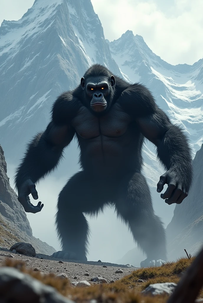 A huge black air monkey dancing with mountains behind him