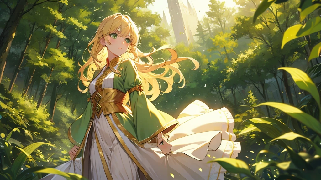 blonde hair, green eyes, princess, royalty, medium hair, fit body, dynamic angle, forest background, princess robes, gentle,  [[[masterpiece, ultra-detailed, best quality, wooden flute]]]