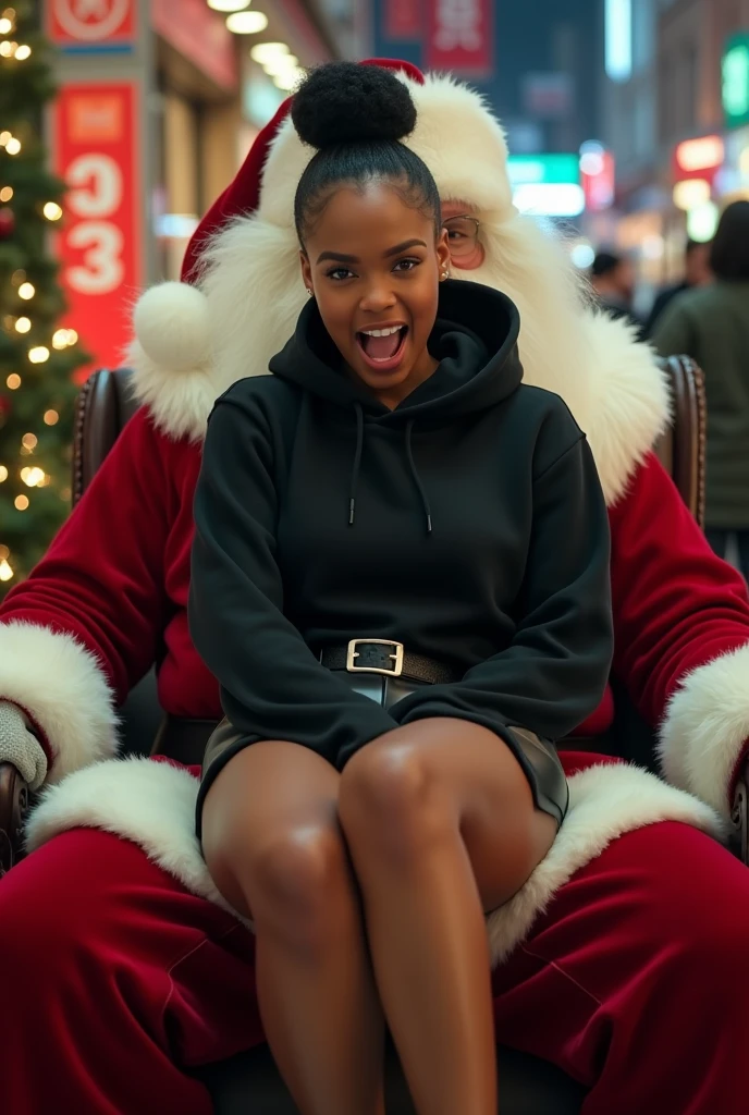 black woman hair in a bun black hoodie black leather short shorts butt cheeks showing excited and eyes wide open on her face setting in santa claus lap at the mall 8k
