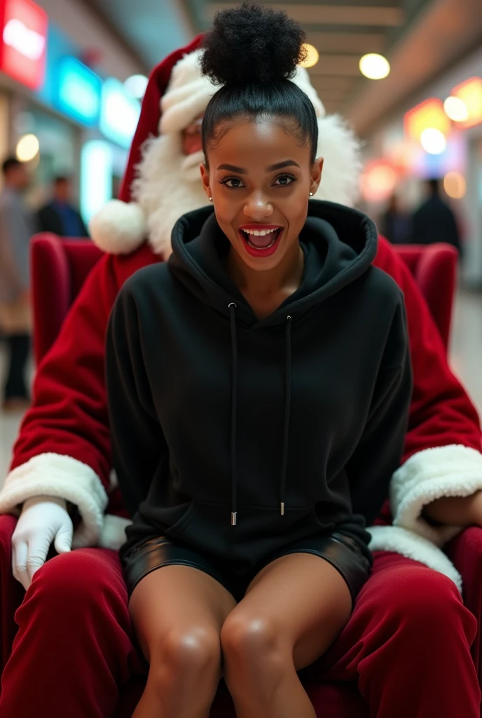 black woman hair in a bun black hoodie black leather short shorts butt cheeks showing excited and eyes wide open on her face setting in santa claus lap at the mall 8k