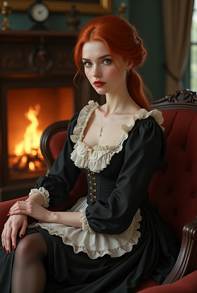 Draw me a woman with red hair 1850 who is a housekeeper very pretty looks thin but fit and wears tights with a very nice servant dress she should have violet eyes and be a real feast for the eyes full body picture and realistic she should sit in the fireplace room on a sofa she wears a ponytail in full shot