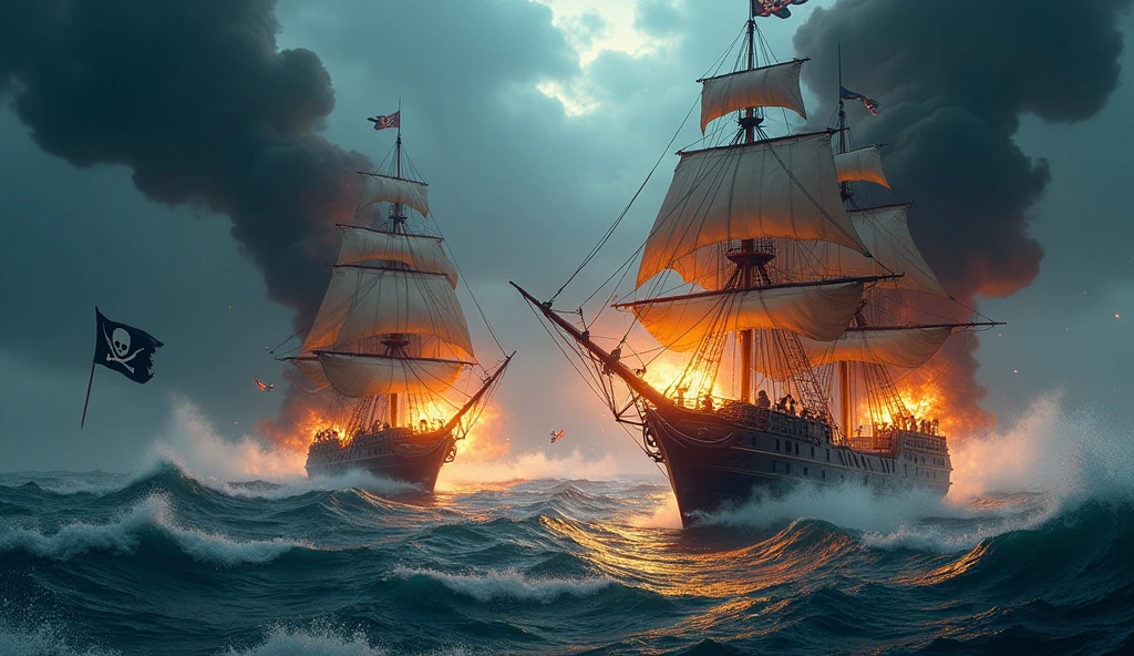 Pirate War, ((Masterpiece, top quality, high resolution, highly detailed CG unified 8K wallpaper)), (dramatic seascape of two pirate ships firing cannons at each other at close range:1.8), a spectacular and dynamic poster with columns of fire and water, rain and thunder; a pirate flag with a skull symbol waving in a gust of wind; cannonballs flying and causing explosions, throwing debris into the air; ominous dark clouds in the sky threatening rain and chaos; an adventure movie poster; a pirate ship with a skull symbol in a pirate ship's hull. ominous dark clouds looming in the sky, threatening rain and chaos on the open sea, adventure movie poster,