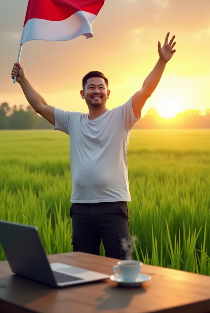 (photorealism:1.2), a slightly fat asian man((no moustache and no beard)),(white t-shirt and black cargo pants) waving the Indonesian flag on a fresh green meadow accompanied by the rising morning sun, looking at the camera, table, laptop diatas table dan secangkir kopi panas yang mengeluarkan asap (detailed)