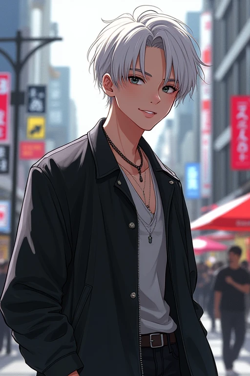((masterpiece)), (((best quality))), chromatic lighting,
colorized, white + black limited color palette,
detailed concept drawing,
in Shibuya, street fashion, no weird object on his face,
portrait, 25yo 1guy, slender, wide pants, short white hair, black eyes, smiling