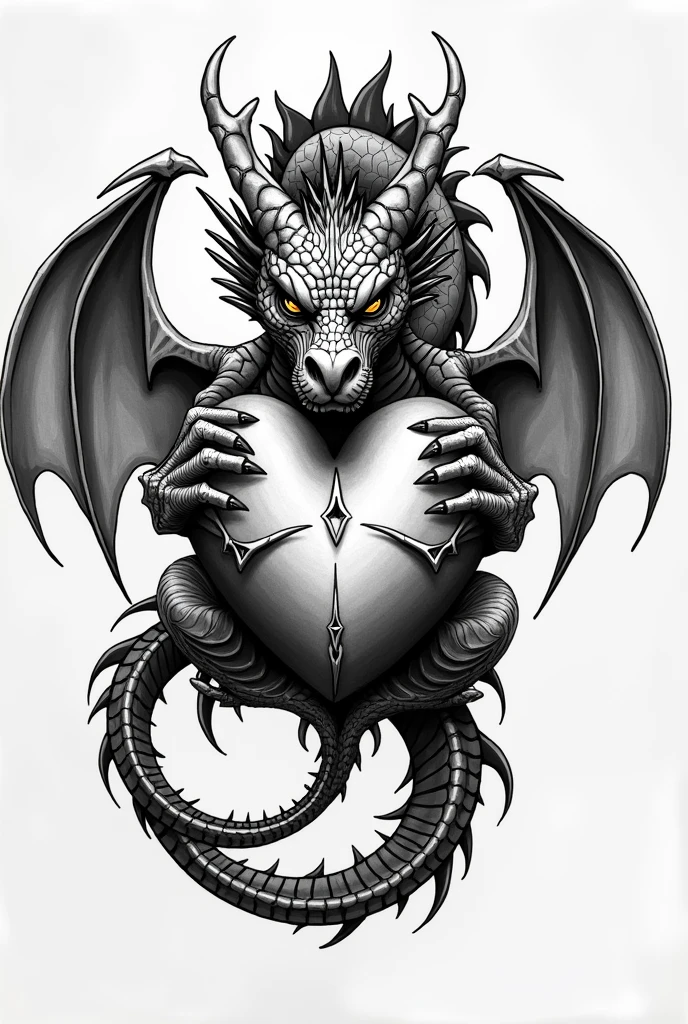 Dragon tattoo protecting a heart in black and white