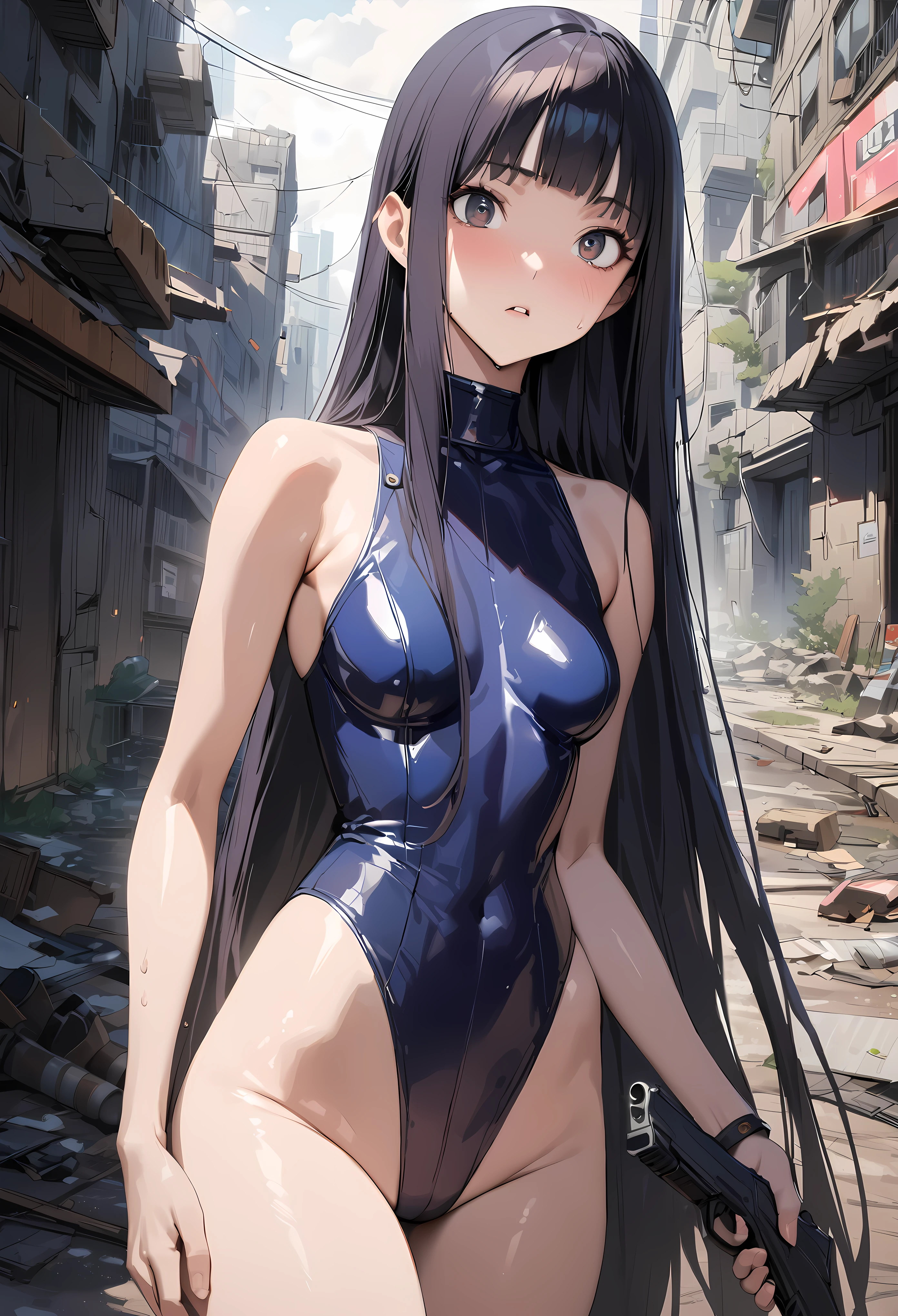 Action Scenes、((masterpiece,best quality anime,Highest quality:1.3)),realistic,cowboy shot,1woman,solo,(30 year old beauty),((very small head:1.4)),((very long body:1.4)),(dark blue hair),straight long hair,(gorgeous big eyes),black eyes,Serious expression,((slender body:1.4,skinny)),medium breasts,dark blue turtleneck sleeveless,leotard,gun belt,oily skin:1.2,gleaming skin,shiny skin, (holding handgun)、standing,on road,Ruined city、Collapsed Buildings、cyberpunk world、