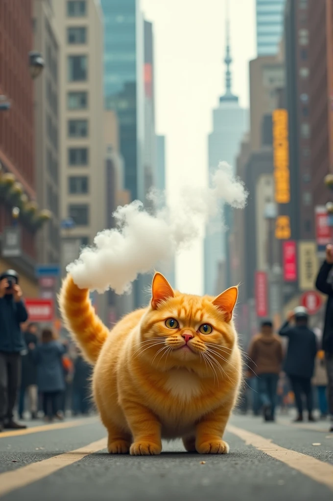 Yellow cat farting in realistic city