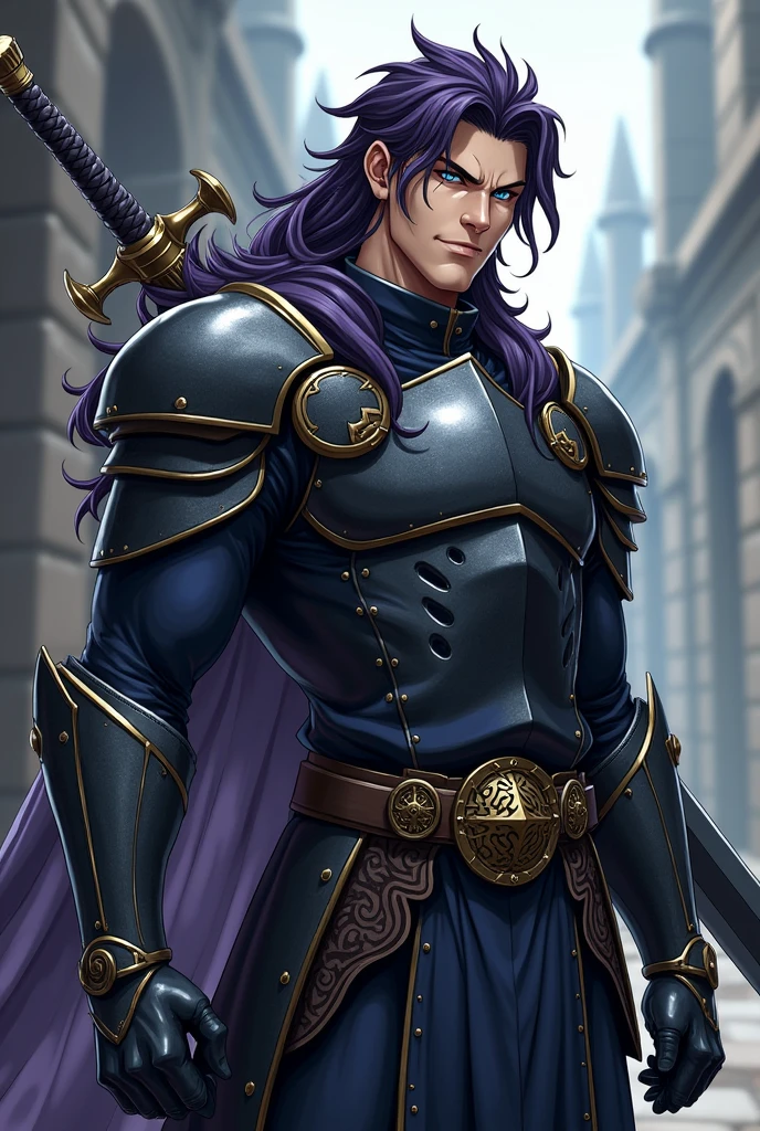 A character for my role-playing game has to look like this; man, noting that it measures 1.20cm tall, Tez blanca, hair between very dark purple and black, carrying a very large and heavy sword on his back, wearing semi-heavy armor, with a big arrogant smile on his face, in the style of medieval anime role-playing, doing a pose from the anime jojos bizarre adventure, with medium musculature, with shading in the style of the anime jojos bizarre adventure, 1