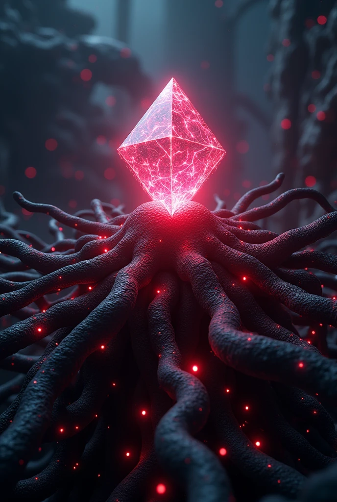 Create a complex neural network, with intertwined dendrites and axons, with a large, luminous diamond on top. The ring pulses with neon red energy, connecting all neurons and creating a protective force field. cyberpunkstyle, with a futuristic and mystical atmosphere. Neon Lighting, creating contrasting shadows. Inspired by the works of Syd Mead.