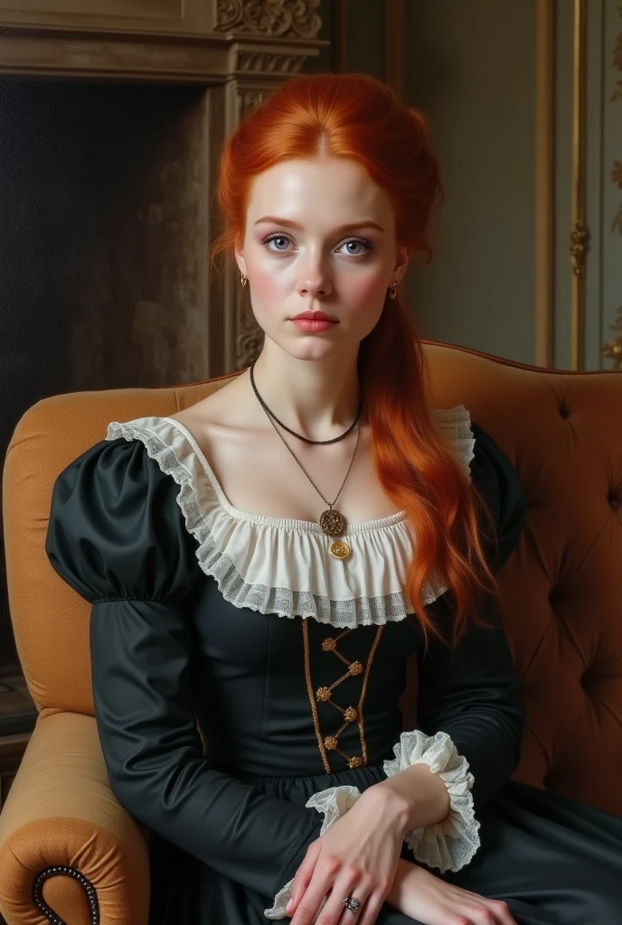 Draw me a woman with red hair 1850 who is a housekeeper, very pretty, looks thin but fit and wears tights with a very nice servant's dress, she should have violet eyes and be a real feast for the eyes, full body picture and realistic, she should sit in the fireplace room on a sofa, she wears a ponytail in full shot, you should see her legs