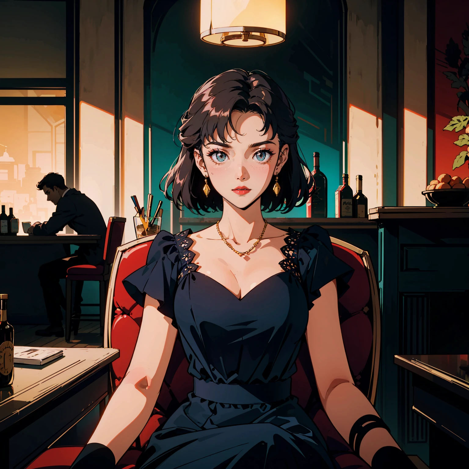 Classic bar counter in a luxury hotel,Cocktail, A dress with atmosphere, Adult women , Mysterious look, (Backlight: 1.1), A scene from a movie, Soft Shadows, masterpiece, Highest quality, Complex, Model shooting style, Film Grain, Upshot、Red lipstick、Blue tones