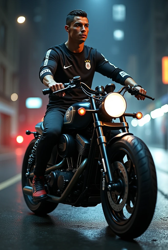 Cr7 riding a bobber motorcycle
