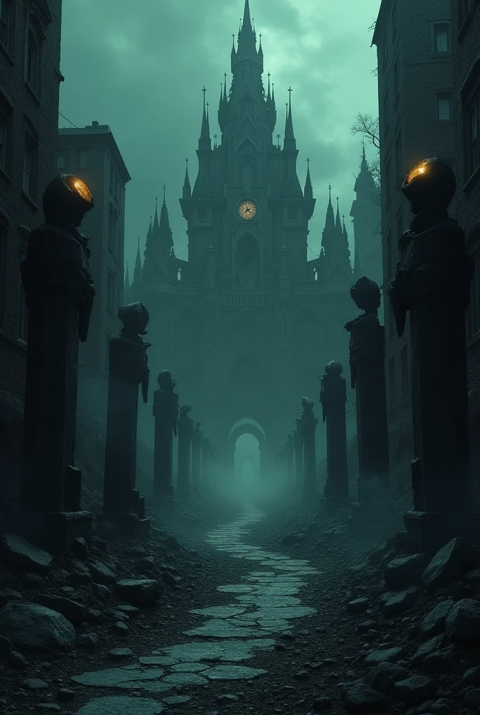 The Ruined City of Shadow, once grand, now in ruins and plunged into eternal darkness. Huge broken statues and abandoned buildings loom in the shadows, with a faint, eerie glow lighting the path to an imposing palace.